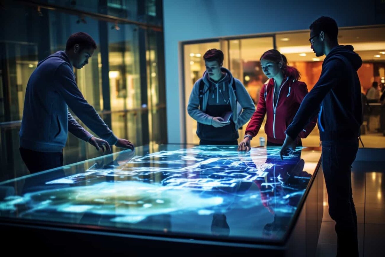 A group of students exploring an interactive table to gather information for their challenging major in Information Technology.
