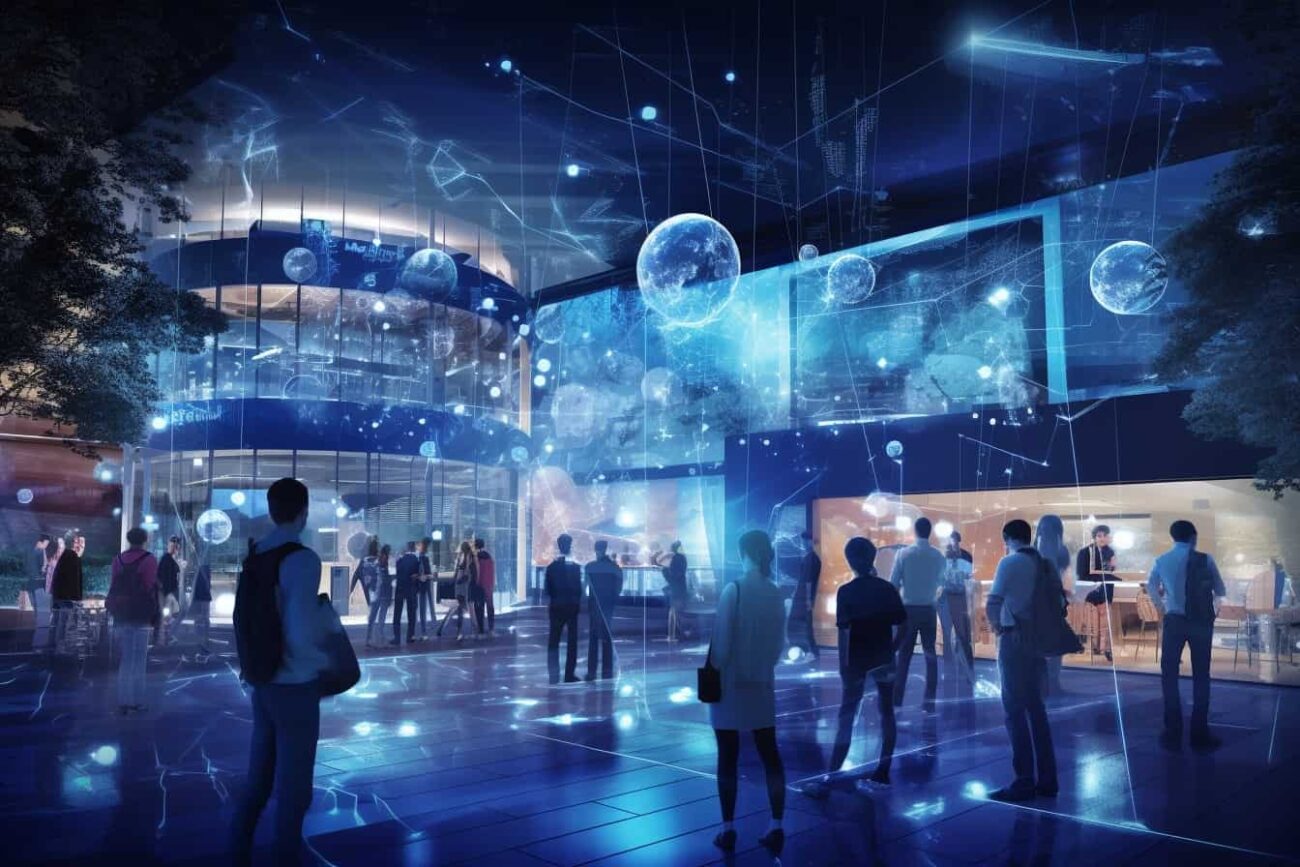 A group of Information Technology students standing in front of a futuristic building.