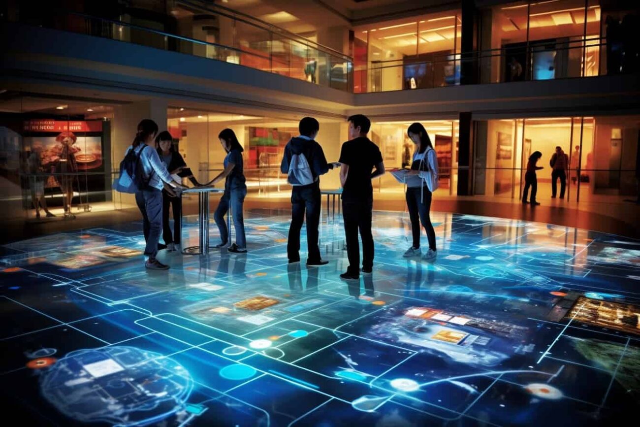 A group of information technology students standing on an interactive floor in a shopping mall.