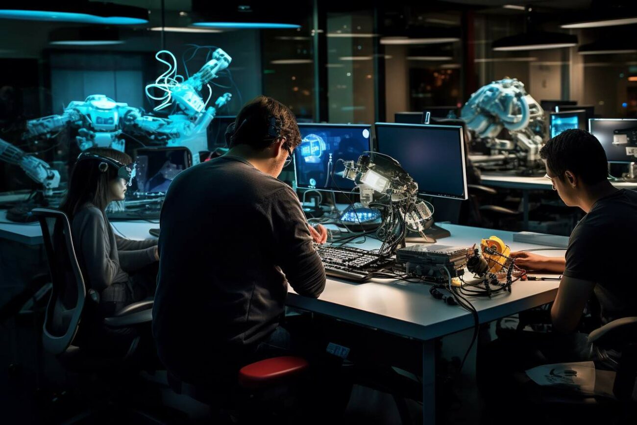 A group of hardworking students immersed in the world of artificial intelligence, passionately typing away at their computers in a dark room.