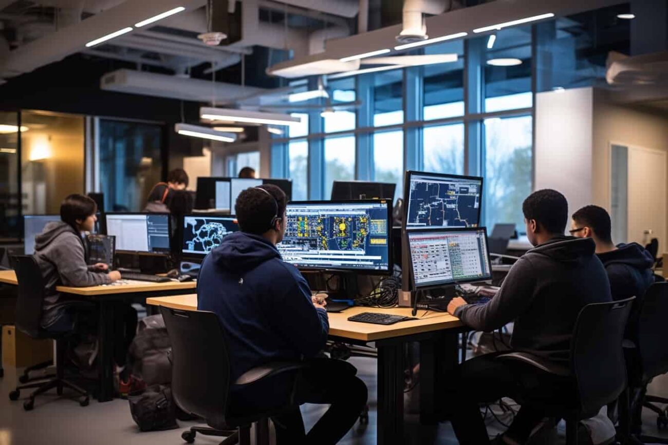 A group of people working on computers in an office, harnessing the power of Artificial Intelligence.