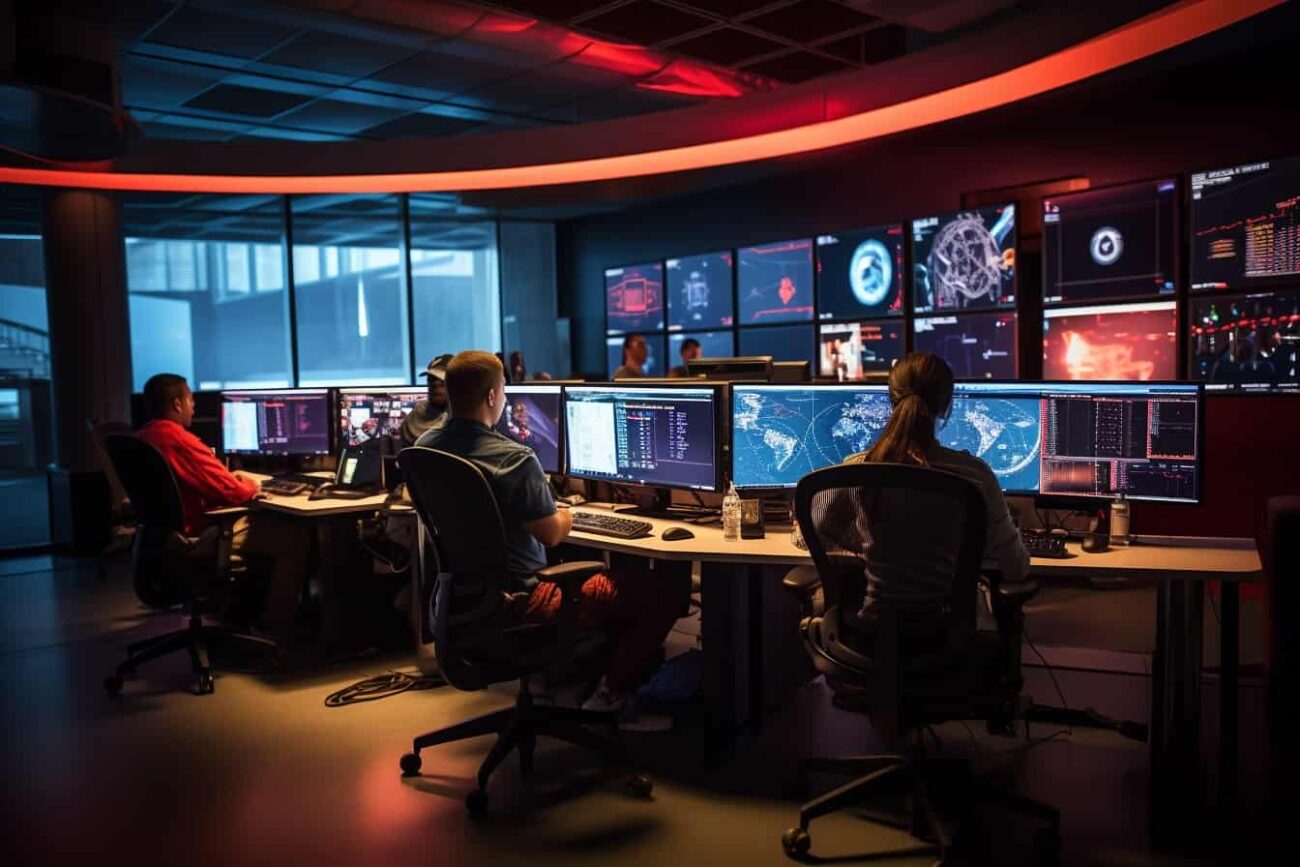 A group of Hard Major students sitting at desks in a control room, utilizing Artificial Intelligence for efficient operations.