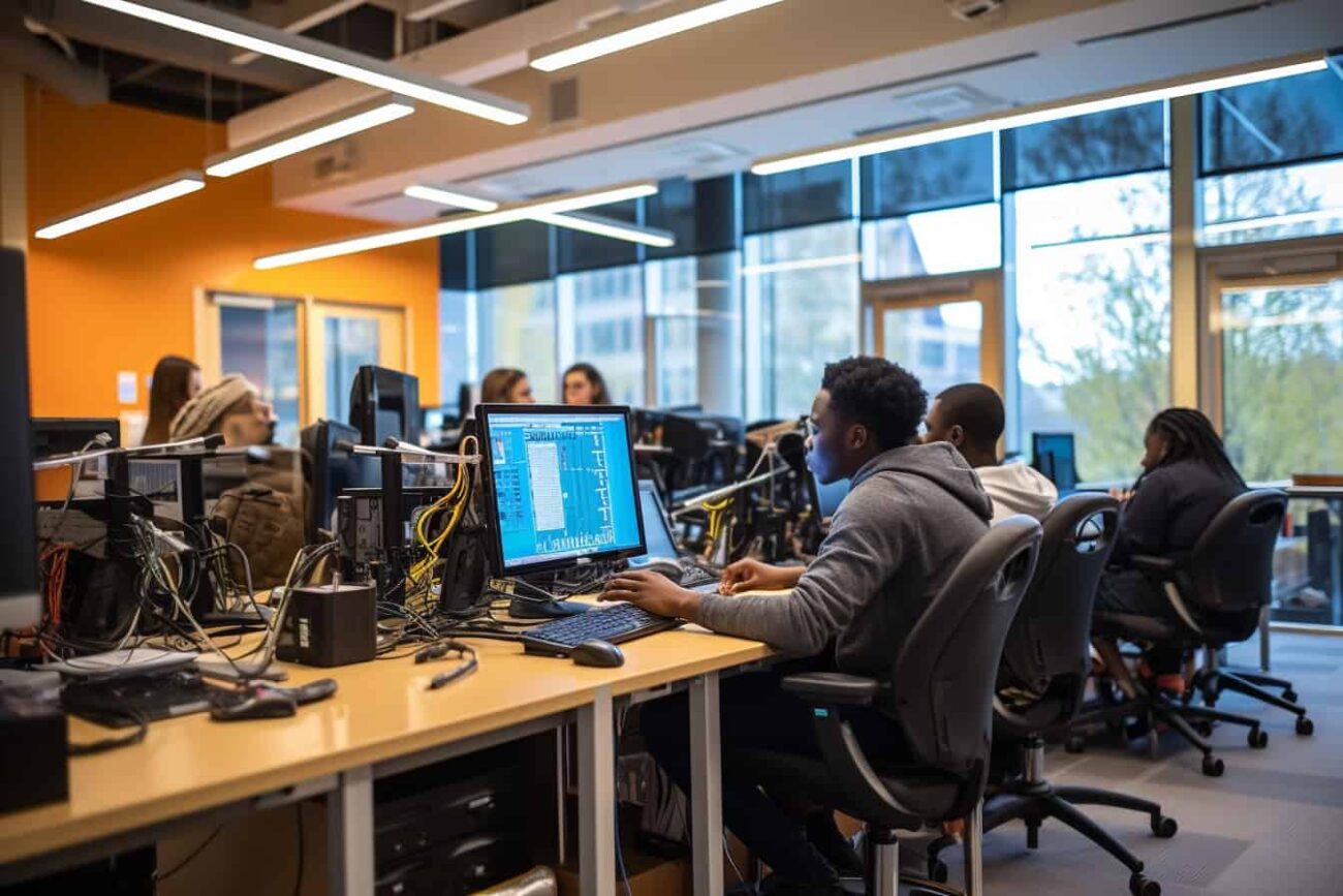 A group of students working on computers in an office, exploring the fascinating world of Artificial Intelligence.