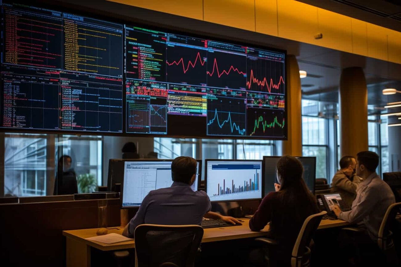 Three professionals analyze growth options on multiple computer screens in a dimly lit office with large display screens showing live market stats and graphs.