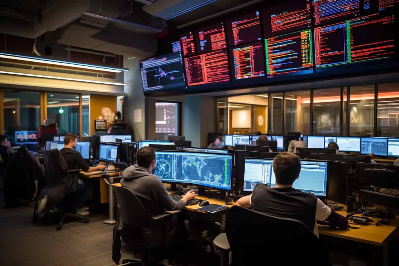 A modern, dimly-lit control room with multiple professionals working on computers. Large screens displaying data science analytics and maps are visible on the walls. Focus on technology and teamwork in a high-tech environment